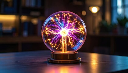 A beautiful glowing plasma ball with rays sits on a table in a cozy room, generated by AI.