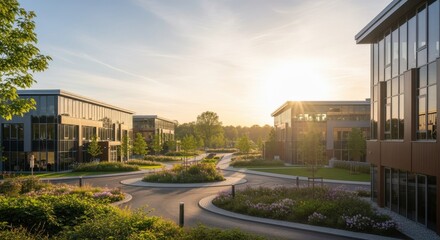 Wall Mural - Ecofriendly office park at sunset combining modern architecture with natural landscaping elements for a tranquil work environment.