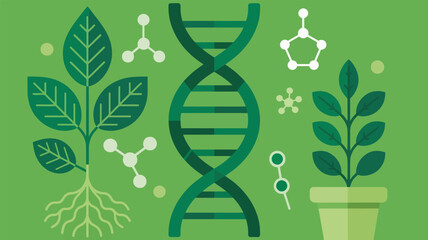 Illustration of dna molecule and plants on green background