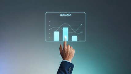 Wall Mural - Data Visualization: A hand interacts with a futuristic transparent interface displaying a vibrant data analysis graph representing the 3rd Quarter (Q3) data and financial growth.