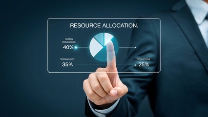 Wall Mural - Strategic Allocation: A modern, elegant business professional's hand interacts with an interactive infographic displaying strategic resource allocation, highlighting efficiency and focus.