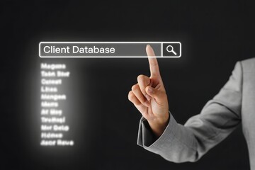 Client Database Interaction: A person interacts with a digital interface, selecting a database entry to access or search.