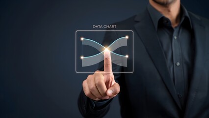 Wall Mural - Data Chart Interaction: A professional in a stylish suit interacts with a transparent data chart, highlighting concepts of technology, business and analysis