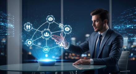 Businessman interacting with a futuristic holographic interface displaying interconnected business icons and data visualization.