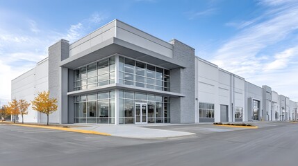 Wall Mural - Photorealistic exterior shot of a modern commercial building with a clean facade and large glass windows. A pristine asphalt lot is in the foreground.
