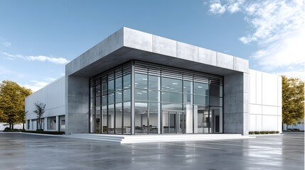 Wall Mural - Photorealistic exterior shot of a modern commercial building with a clean facade and large glass windows. A pristine asphalt lot is in the foreground.