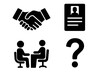 © Chase - Business icon set for recruitment and human resources. Silhouettes for job interviews, CV resumes, and agreements. Icons for career, hiring process, partnership, and help desk.