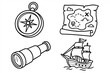 © Chase - Pirate adventure line art set. Cartoon vector icons of a compass, treasure map, spyglass, and sailing ship. Sea exploration, navigation, and treasure hunt concept symbols.