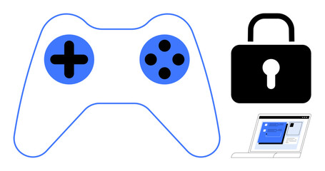Game controller with control buttons, black padlock with keyhole, and laptop screen. Ideal for gaming security, technology, privacy, data protection, cybercrime, app development simple flat metaphor