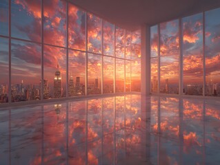 Wall Mural - Stunning, photorealistic view from a modern, empty office with floor-to-ceiling windows overlooking a dramatic city skyline during a warm sunset.