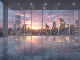 Wall Mural - Stunning, photorealistic view from a modern, empty office with floor-to-ceiling windows overlooking a dramatic city skyline during a warm sunset.