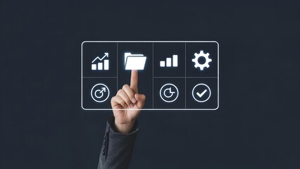 Wall Mural - Digital Interface Navigation: A hand interacts with a digital interface, pointing toward a virtual folder, signifying access to information and data organization.