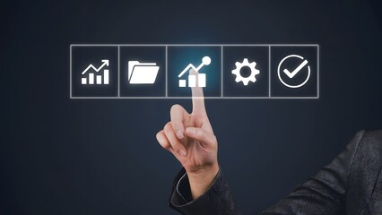 Wall Mural - Data Analysis Interface: A hand interacting with a digital interface featuring data analytics icons, representing the core of data analysis.