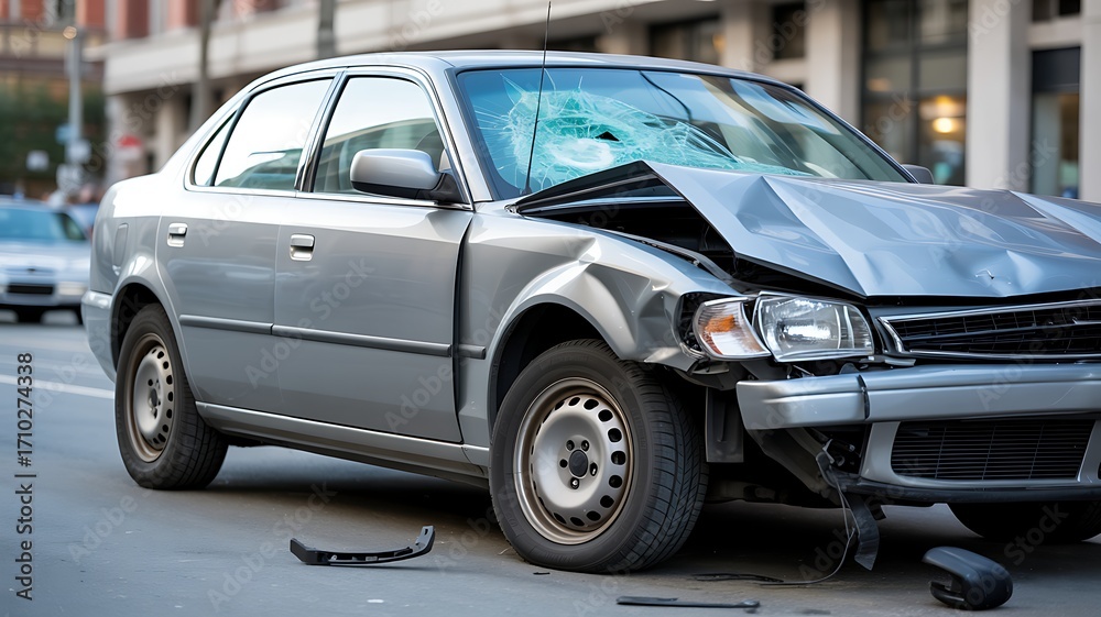 Silver car severely damaged in a road traffic collision on street Stock ...