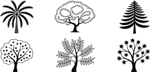 Different tree silhouettes collection, nature forest icons, tropical palm tree, leafy tree design, decorative plant shapes, botanical illustration, flat vector illustration