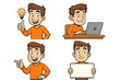 © Karyna - Cartoon man character set. Young boy mascot with idea lightbulb, working on laptop, pointing, and holding blank sign. Vector illustration for business presentation.