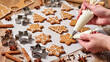 © AliRza - A person's hands decorate gingerbread cookies with white icing using a piping bag. The image showcases the festive tradition of holiday baking and decorating.