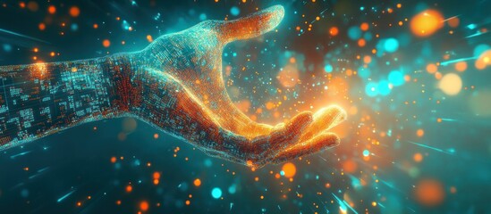 Wall Mural - Digital hand holding glowing energy particles.