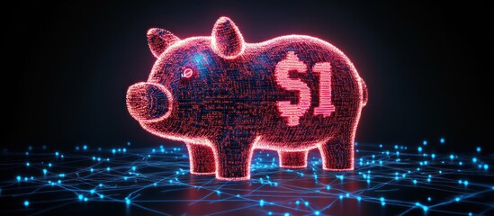 Wall Mural - Glowing piggy bank with dollar sign on dark background.