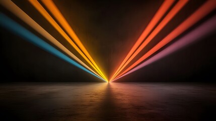 Wall Mural - the image showcases a dark space illuminated by beams of colorful light emanating from a single poin