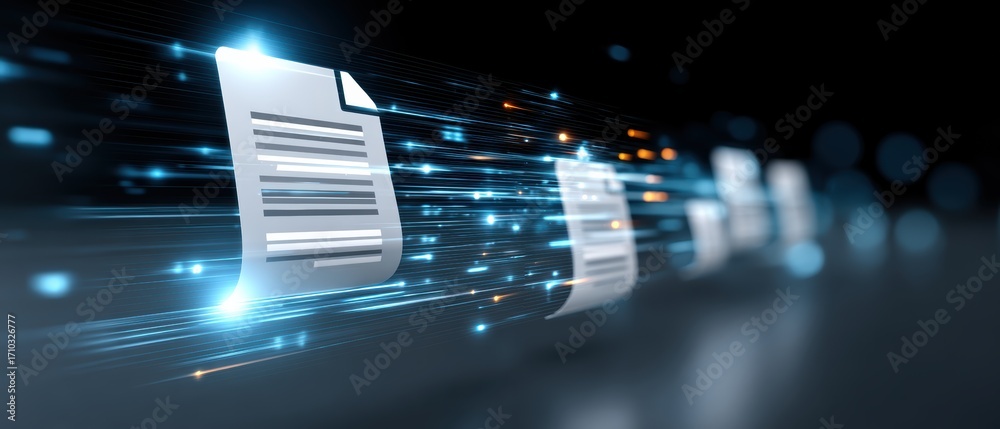 A futuristic depiction of digital documents moving rapidly, symbolizing ...