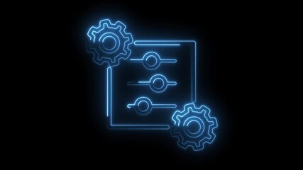 Neon glowing tech settings interface with gears on black background for technology solutions