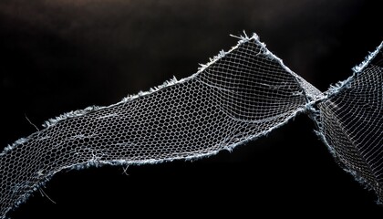 black background highlights the intricate details of torn wire mesh