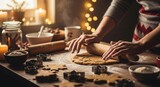 A woman is making cookies on a table with many different shaped cookie cutters. The table is covered in dough and the woman is rolling out the dough with a rolling pin