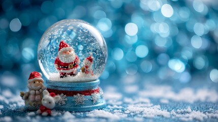 Wall Mural - Festive christmas postcard design featuring shiny holiday ball ornament with santa claus and toys inside, surrounded by snow, warm golden bokeh lights, and flat lay composition with copy space for sea