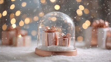 Wall Mural - Festive snow globe with rose gold wrapped gifts inside on sparkling snowy surface surrounded by soft glowing bokeh lights, elegant holiday decoration and luxury christmas winter background