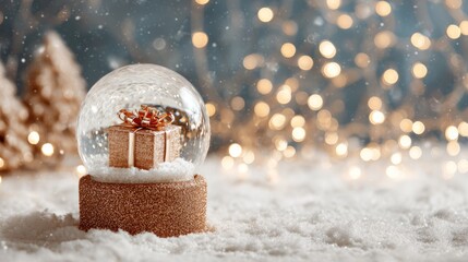 Wall Mural - Festive snow globe with rose gold wrapped gifts inside on sparkling snowy surface surrounded by soft glowing bokeh lights, elegant holiday decoration and luxury christmas winter background
