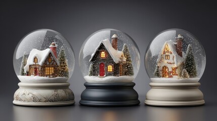Wall Mural - Set of three festive glass snow globes with christmas decoration design featuring transparent domes on podium surrounded by white snowdrifts, magical winter holiday ornament display for seasonal backg