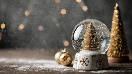 Wall Mural - Elegant snow globe with christmas tree, falling snowflakes, and golden ornaments in modern minimalist composition for festive stage display, holiday decoration mockup, and contemporary christmas conce