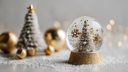 Wall Mural - Elegant snow globe with christmas tree, falling snowflakes, and golden ornaments in modern minimalist composition for festive stage display, holiday decoration mockup, and contemporary christmas conce