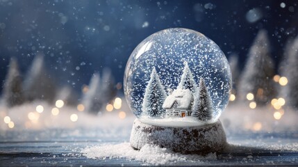 Wall Mural - Festive snow globe with blank space in a magical winter scene featuring christmas decorations, sparkling holiday atmosphere, and elegant template background for seasonal greeting cards, posters, and p