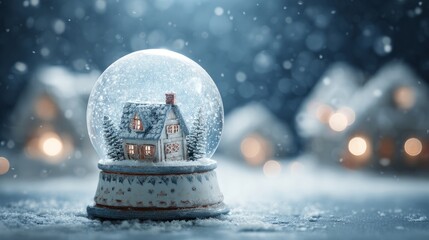 Wall Mural - Festive snow globe with blank space in a magical winter scene featuring christmas decorations, sparkling holiday atmosphere, and elegant template background for seasonal greeting cards, posters, and p