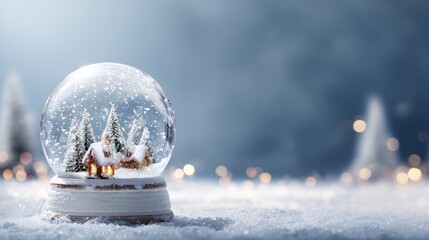 Wall Mural - Festive snow globe with blank space in a magical winter scene featuring christmas decorations, sparkling holiday atmosphere, and elegant template background for seasonal greeting cards, posters, and p