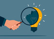 © Vadym - Hand holding a magnifying glass analyzing crashed lightbulb. After business failure, burnout or exhausted from crisis, no new idea or inspiration. Vector flat illustration.