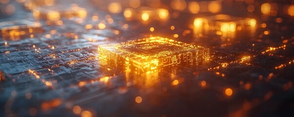 Wall Mural - glowing abstract digital circuit board with intricate patterns and bokeh lights