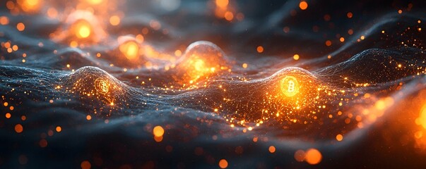 Wall Mural - abstract digital network visualization with glowing bitcoin symbols and energetic particles
