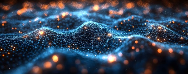 Wall Mural - abstract digital network with glowing blue connections and orange lights representing data flow
