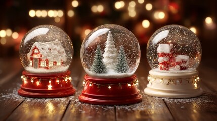 Wall Mural - Three elegant christmas snow globes with golden lights, festive holiday decoration template and winter mockup for seasonal design, celebration backgrounds, and creative christmas projects