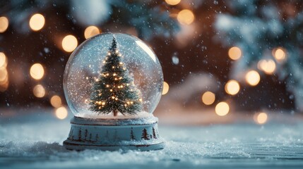 Wall Mural - Magical winter snow globe with decorated christmas tree inside surrounded by sparkling snowflakes, festive holiday greeting card and christmas postcard design for seasonal posters, flyers, mockups, an