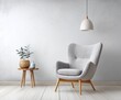© Nirwasita - A light-filled room showcasing a modern armchair and wooden side table, accented by a simple pendant light and a small plant, exuding a tranquil and serene ambiance.