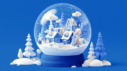 Wall Mural - Winter wonderland snow globe on blue background featuring festive holiday scene with sparkling snow, christmas tree, and cozy seasonal decoration for magical winter atmosphere and festive celebration 