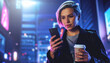 © ภวัต สายวงค์ - A modern young woman with short blonde hair checks her phone while holding a coffee cup.