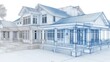 © UnPhouvith - A detailed architectural rendering of a traditional house with a metal roof and wooden siding, featuring a front porch and multiple windows.