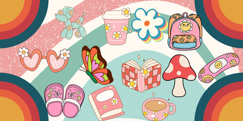 A festive and fun seamless vector pattern of colorful flip-flops, perfect for a birthday or holiday gift design. groovy characters and elements for poster of sticker design.Isolated vector illustratio