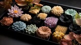 Japanese wagashi sweets pastel colors flower shaped and delicately arranged on a black lacquer tray