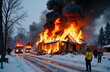 © starush - Fire engulfs a house with thick black smoke rising into the sky during winter, with emergency vehicles and personnel on the scene